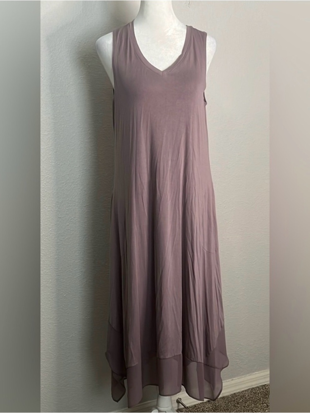 LOGO Lori Goldstein Maxi Dress Size S Mauve Layered Chiffon Hem Pockets